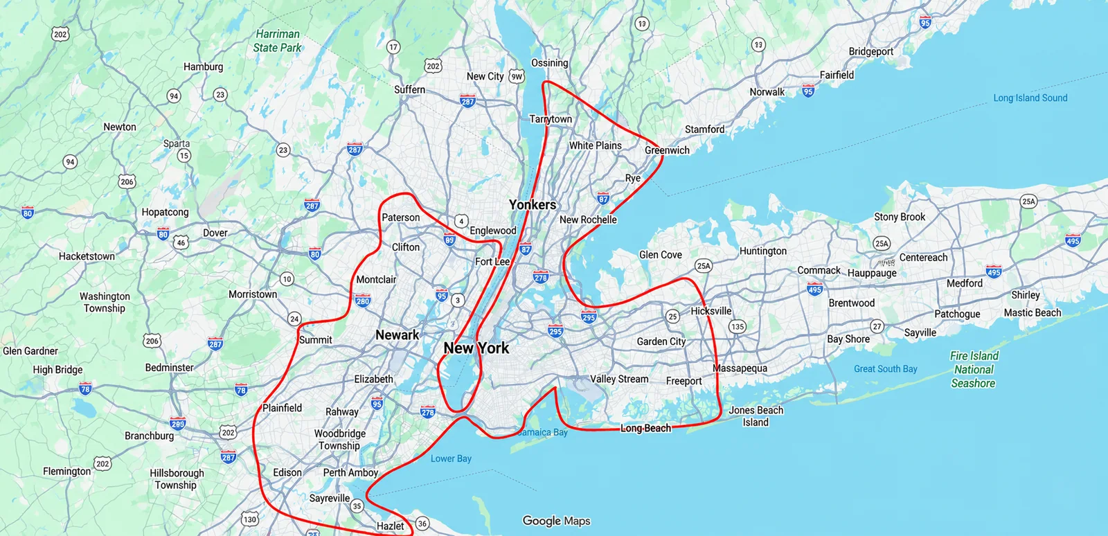 Map of BIOPRIME's 12-hour delivery area in New York, New Jersey, and Greenwich, Connecticut, outlined in red